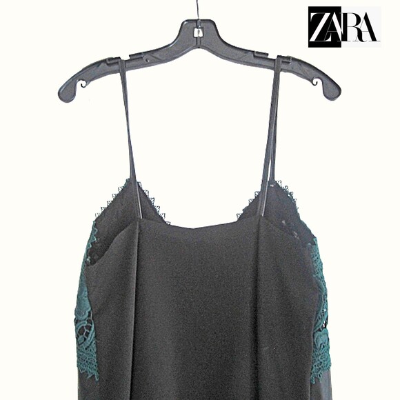 ZARA NEW Goth Embroidered-Lace Sweetheart Faux Leather Spaghetti Strap Dress M - Picture 9 of 11